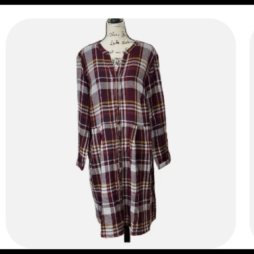 Plus Size Shirt Dress Terra & Sky Long Sleeve Burgundy Plaid Size 0X (14W